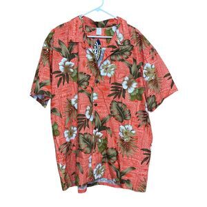 Palmwave Hawaiian Shirt Casual Button Down Orange Floral Front Pocket Cotton 2XL